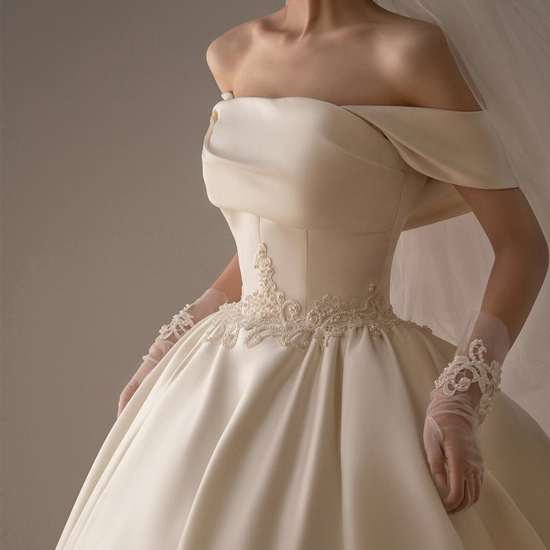 Off-Shoulder Retro Wedding Dress with Train Option - Luzilly Bridal & Apparel
