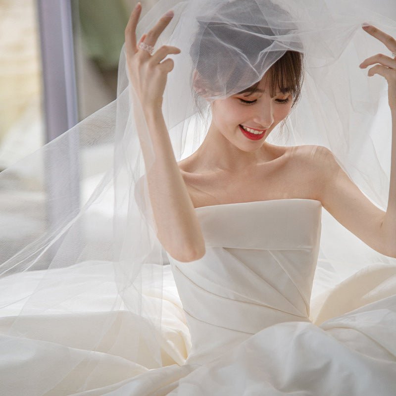Women's Satin Tube Top Simple Elegant French Style Large Tail Elegant Wedding Dress - Luzilly Bridal & Apparel