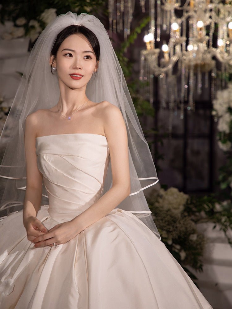 Women's Satin Tube Top Simple Elegant French Style Large Tail Elegant Wedding Dress - Luzilly Bridal & Apparel