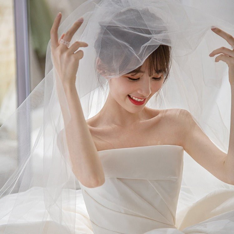 Women's Satin Tube Top Simple Elegant French Style Large Tail Elegant Wedding Dress - Luzilly Bridal & Apparel