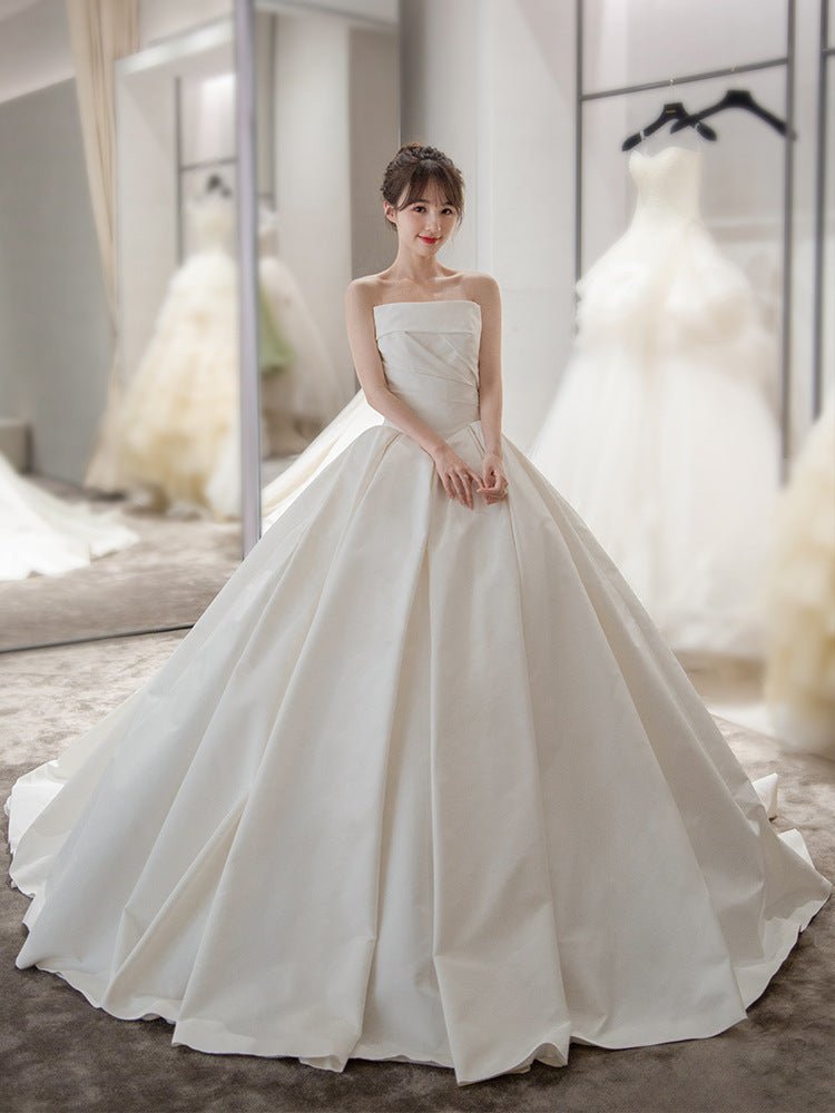 Women's Satin Tube Top Simple Elegant French Style Large Tail Elegant Wedding Dress - Luzilly Bridal & Apparel