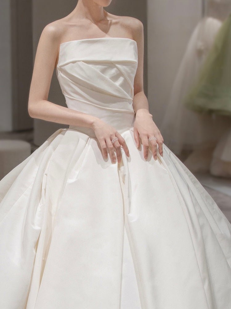 Women's Satin Tube Top Simple Elegant French Style Large Tail Elegant Wedding Dress - Luzilly Bridal & Apparel