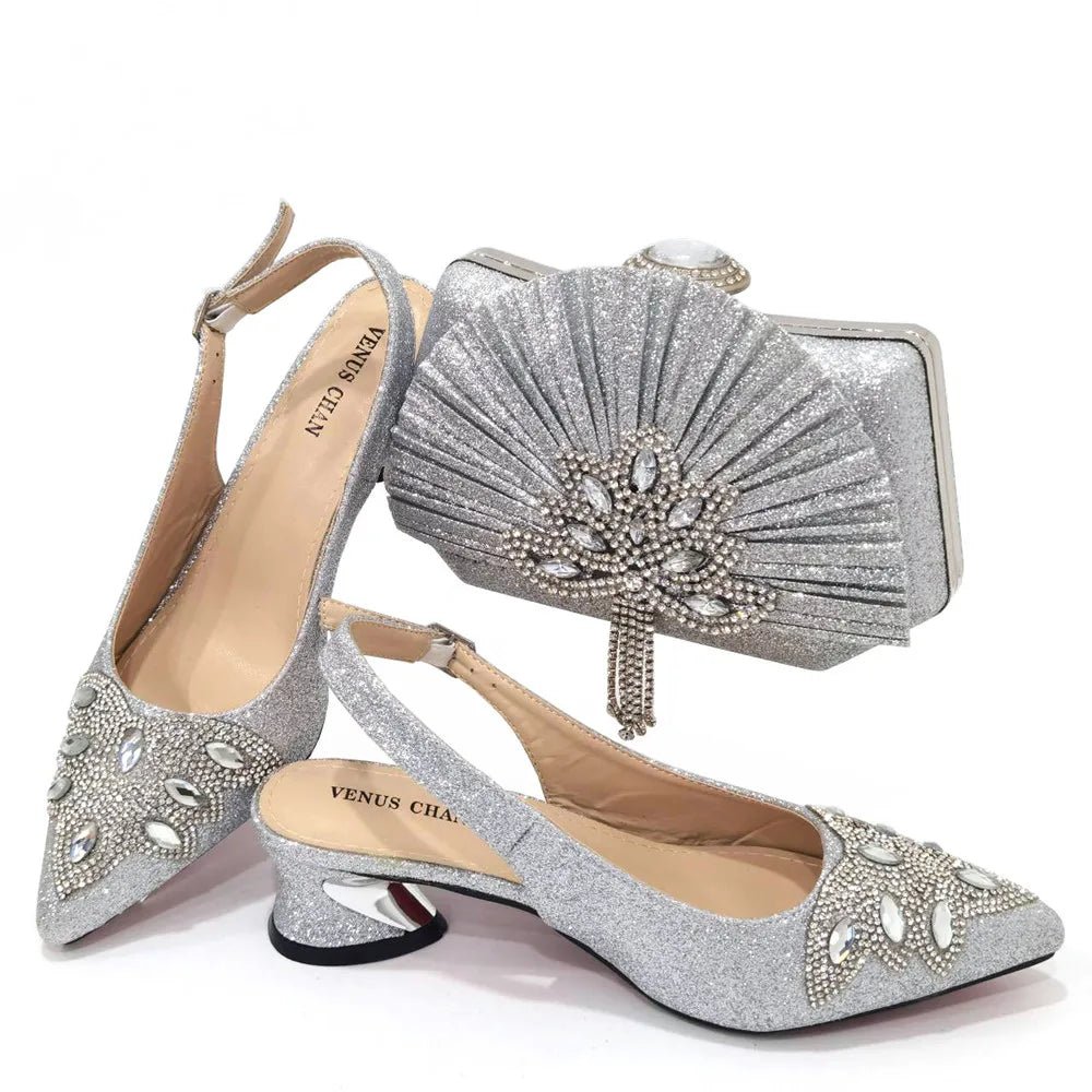 Women's Silver Mid Heels Frosted Crystal Shoes And Bag Set - Luzilly Bridal & Apparel
