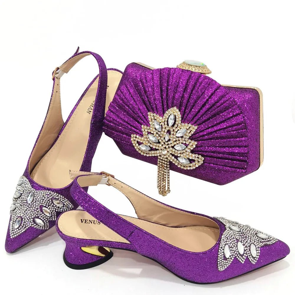 Women's Silver Mid Heels Frosted Crystal Shoes And Bag Set - Luzilly Bridal & Apparel