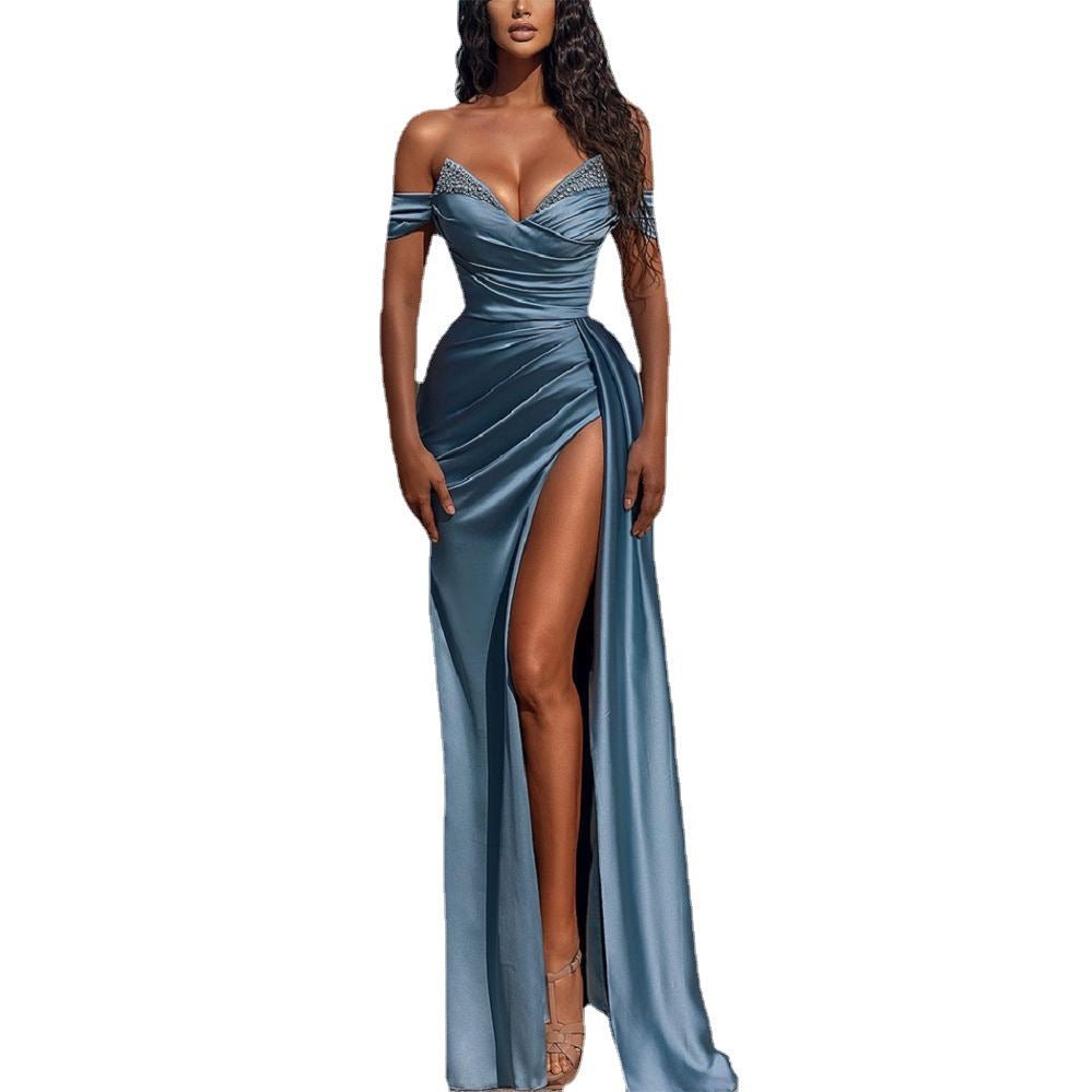 Women's Solid Color Hot Diamond Short Sleeve V-Neck Wedding Dress - Luzilly Bridal & Apparel