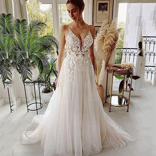 Backless Lace Wedding Dress with Thin Straps - Luzilly Bridal & Apparel