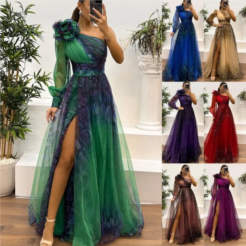 Women's Wedding Dress Spring Autumn New Sexy Off-shoulder Mesh Print Slit Casual Loose Party Prom Dresses For Women Robe Femal - Luzilly Bridal & Apparel