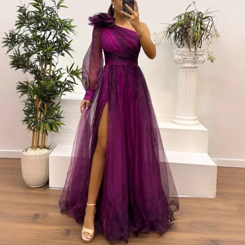 Women's Wedding Dress Spring Autumn New Sexy Off-shoulder Mesh Print Slit Casual Loose Party Prom Dresses For Women Robe Femal - Luzilly Bridal & Apparel