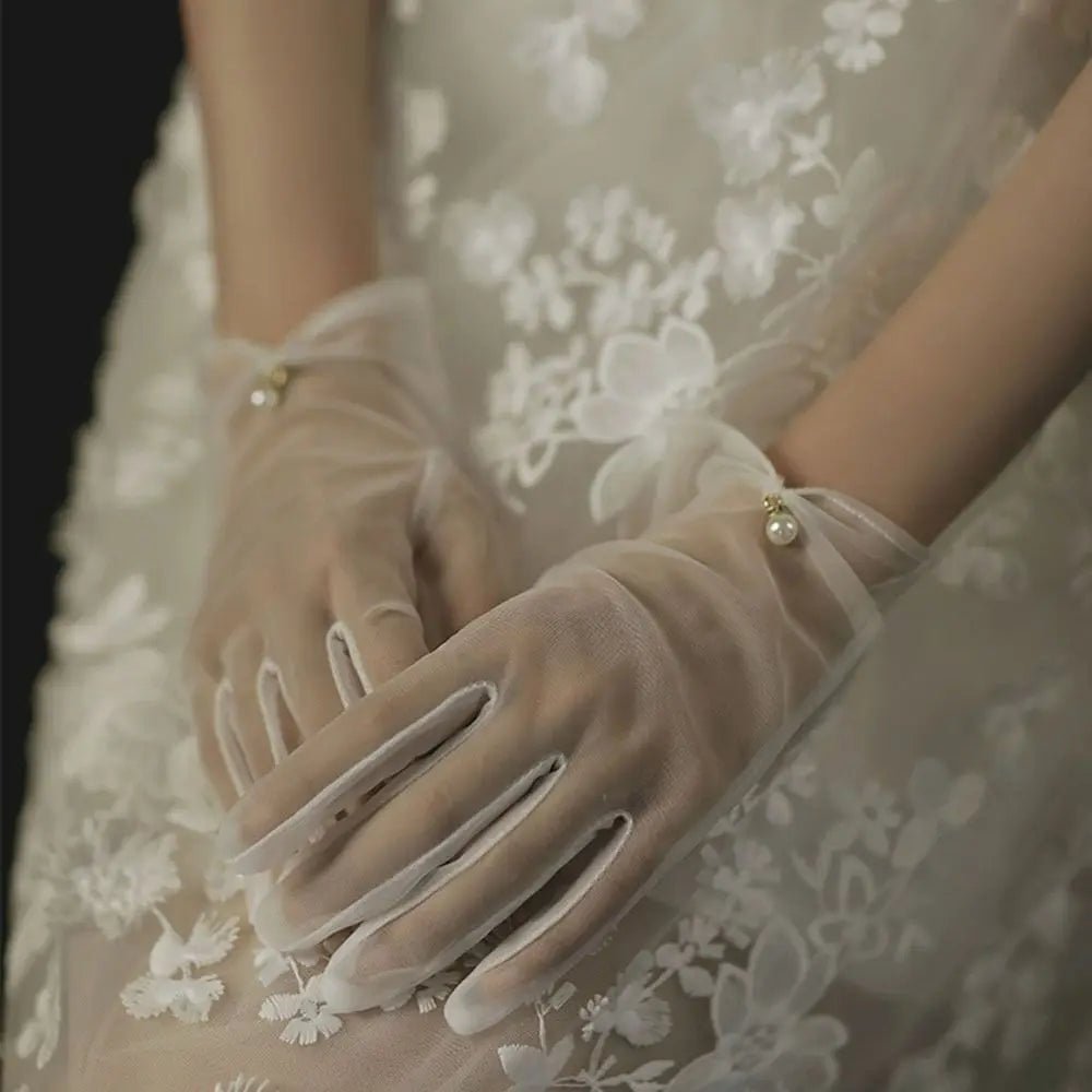 Wrist-Length Satin Bridal Gloves with Pearl and Bow - Luzilly Bridal & Apparel