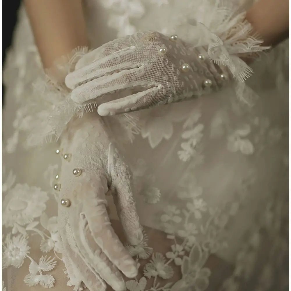 Wrist-Length Satin Bridal Gloves with Pearl and Bow - Luzilly Bridal & Apparel