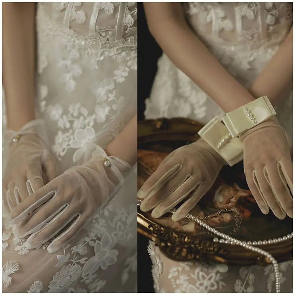 Wrist-Length Satin Bridal Gloves with Pearl and Bow - Luzilly Bridal & Apparel