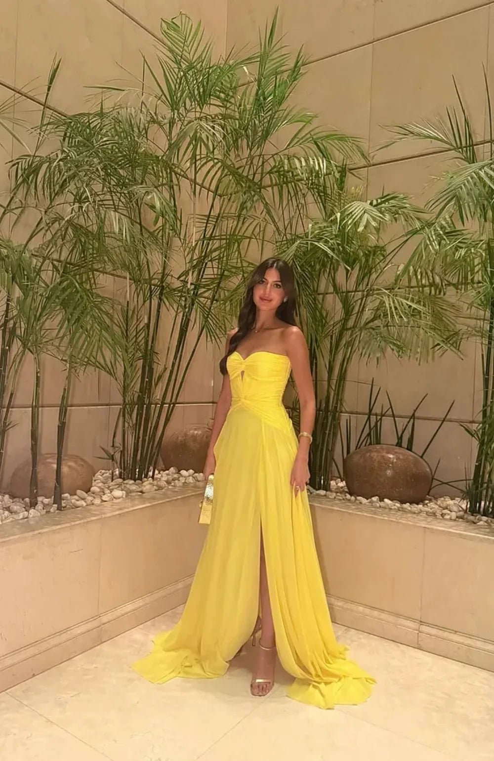 Yellow Chiffon Strapless Prom Dress with Keyhole Detail - Luzilly Bridal & Apparel