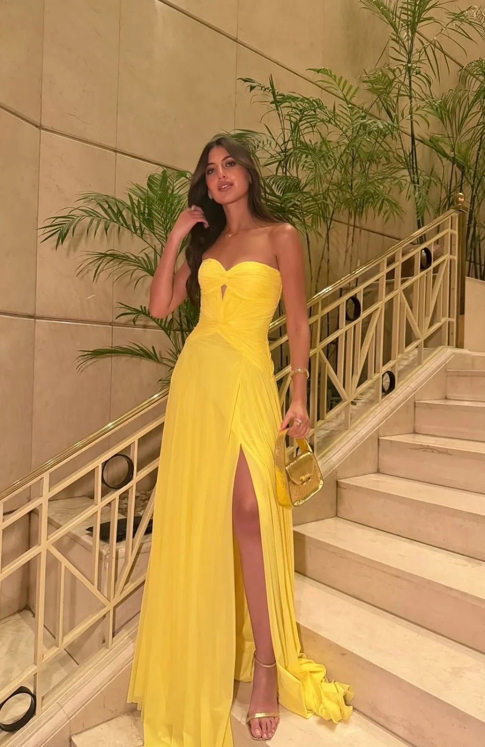 Yellow Chiffon Strapless Prom Dress with Keyhole Detail - Luzilly Bridal & Apparel