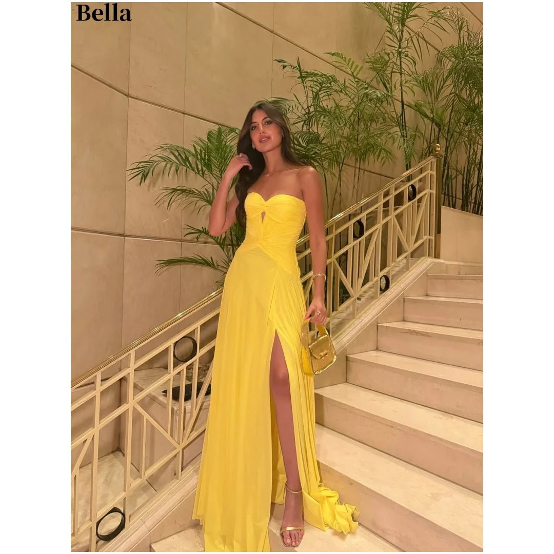 Yellow Chiffon Strapless Prom Dress with Keyhole Detail - Luzilly Bridal & Apparel