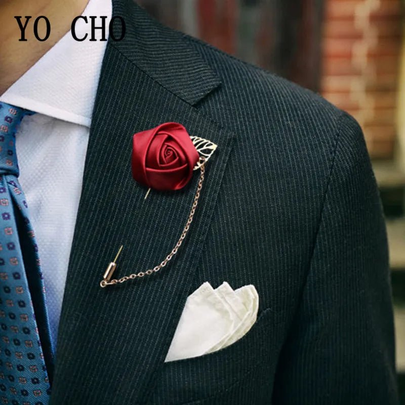 YO CHO Groomsmen Boutonniere Wedding Corsage Men Brooch Pin Burgundy Silk Rose Flower Groom Boutonniere Wedding Flower Accessory - Luzilly Bridal & Apparel