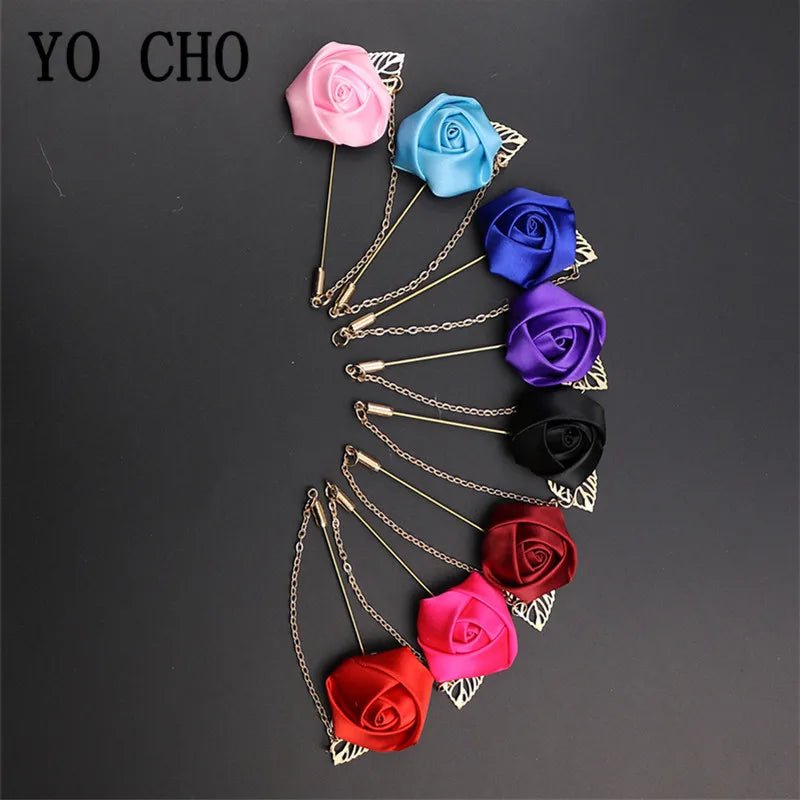YO CHO Groomsmen Boutonniere Wedding Corsage Men Brooch Pin Burgundy Silk Rose Flower Groom Boutonniere Wedding Flower Accessory - Luzilly Bridal & Apparel