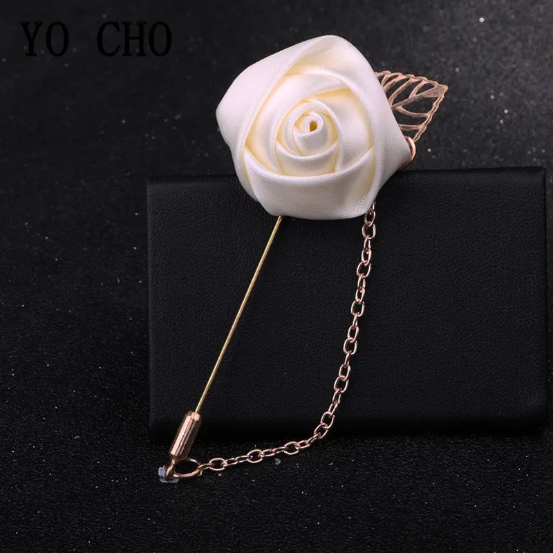YO CHO Groomsmen Boutonniere Wedding Corsage Men Brooch Pin Burgundy Silk Rose Flower Groom Boutonniere Wedding Flower Accessory - Luzilly Bridal & Apparel