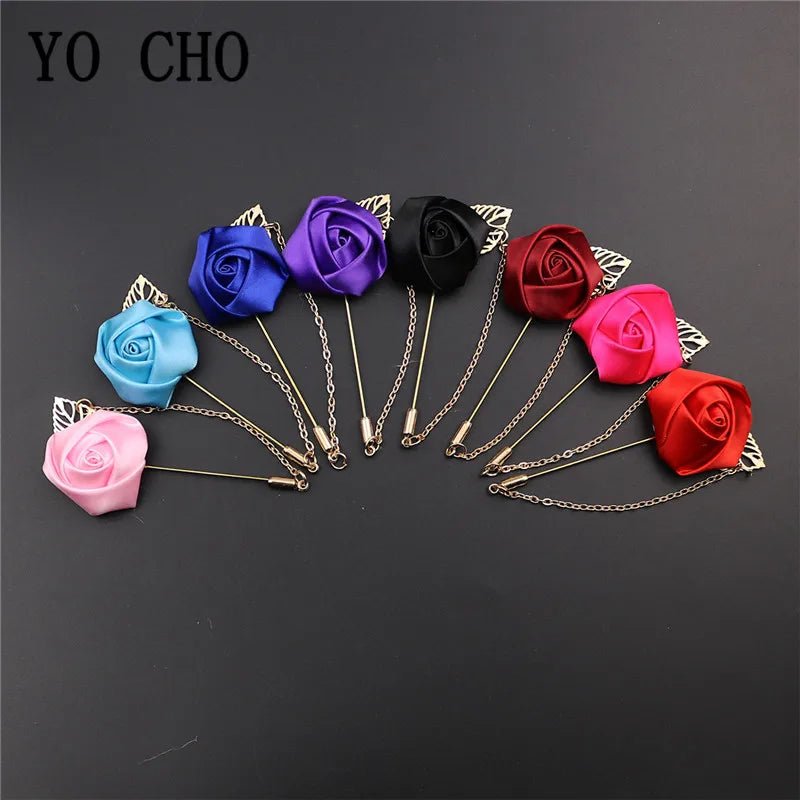 YO CHO Groomsmen Boutonniere Wedding Corsage Men Brooch Pin Burgundy Silk Rose Flower Groom Boutonniere Wedding Flower Accessory - Luzilly Bridal & Apparel